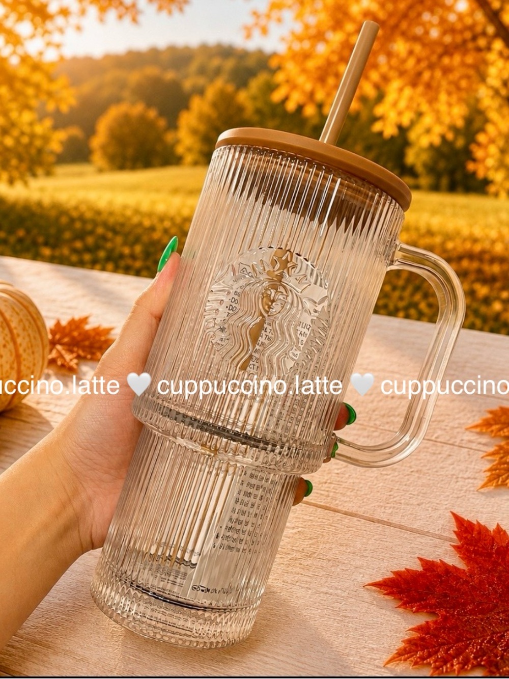 🍂NWT🍂Starbucks 2026 Fall Pleated Clear Glass Handle Cold Cup Tumbler